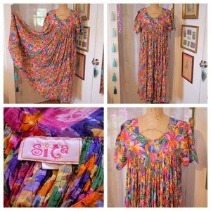 Vintage SITA Artsy Bold Floral Broomstick Gauze Dress Festival Boho Nepal M EUC